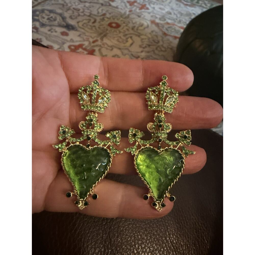 Antique Crystal Sacred Heart Lucite Crown Earrings Gold Museum Baroque Gothic CZ - Picture 6 of 9